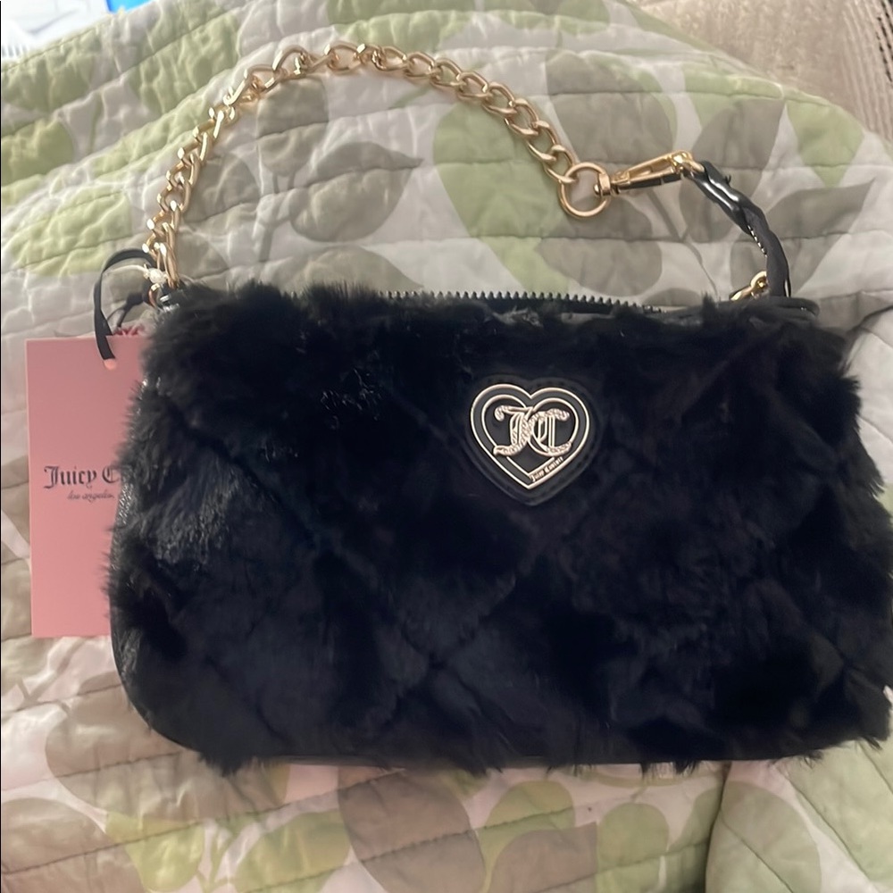 COPY - Juicy Couture Black Faux Fur Clutch with Gold Chain